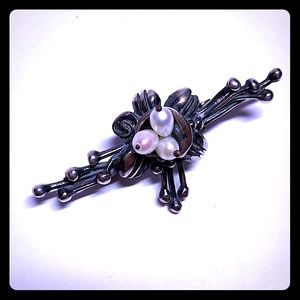 Handmade sterling silver and seed pearl pin